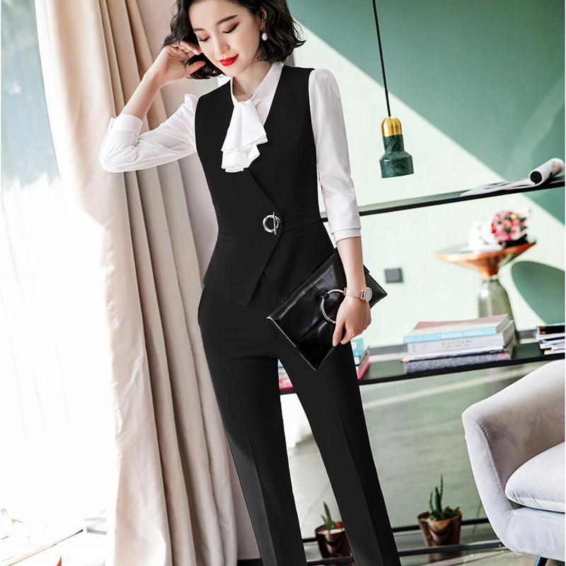 Elegáns női nadrágkosztüm, piros, vékony, ujjatlan mellény blézer és nadrág, kétrészes irodai női munkaruházathoz