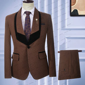 2023-as divat új nyári férfi alkalmi üzleti barna vászon kockás fekete hajtóka esküvői ruha karcsúsított öltöny 2 db szett kabát nadrág