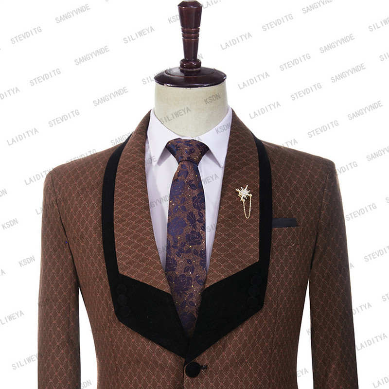 2023-as divat új nyári férfi alkalmi üzleti barna vászon kockás fekete hajtóka esküvői ruha karcsúsított öltöny 2 db szett kabát nadrág