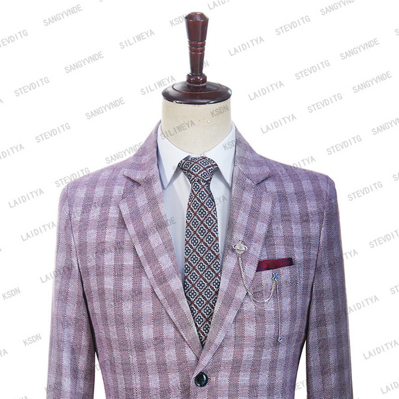 2023-as új divat férfi öltönyök nyári jelmez, piros fehér klasszikus kockás lenvászon szmoking vőlegény esküvői 2 részes szett kabát nadrág