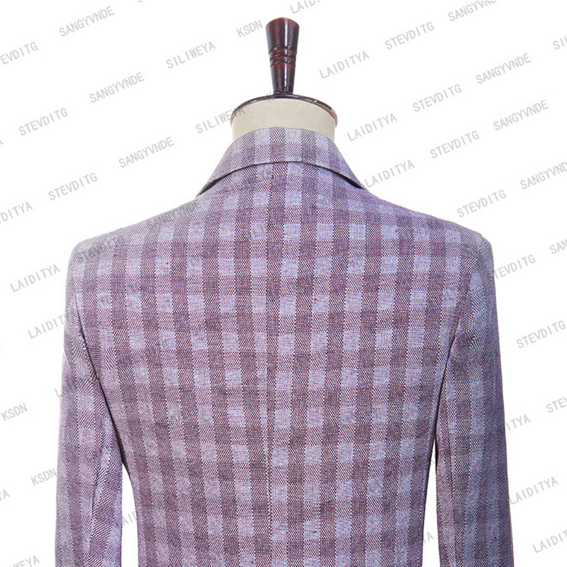 2023-as új divat férfi öltönyök nyári jelmez, piros fehér klasszikus kockás lenvászon szmoking vőlegény esküvői 2 részes szett kabát nadrág