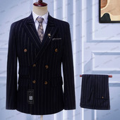 Sötétkék, függőleges csíkos férfi öltönyök, kétsoros, 2023-as legújabb tervezésű vőlegény esküvői szmokingok, 2 darabos kosztüm