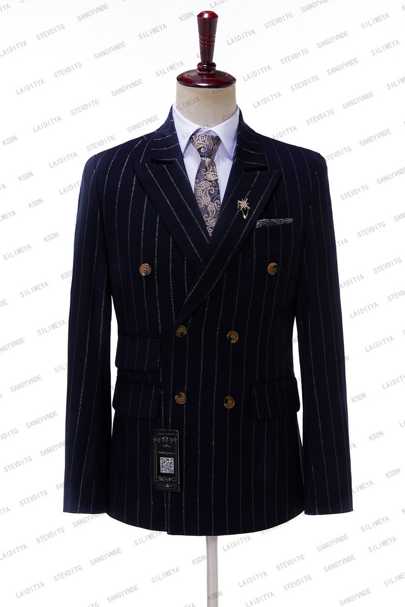 Sötétkék, függőleges csíkos férfi öltönyök, kétsoros, 2023-as legújabb tervezésű vőlegény esküvői szmokingok, 2 darabos kosztüm