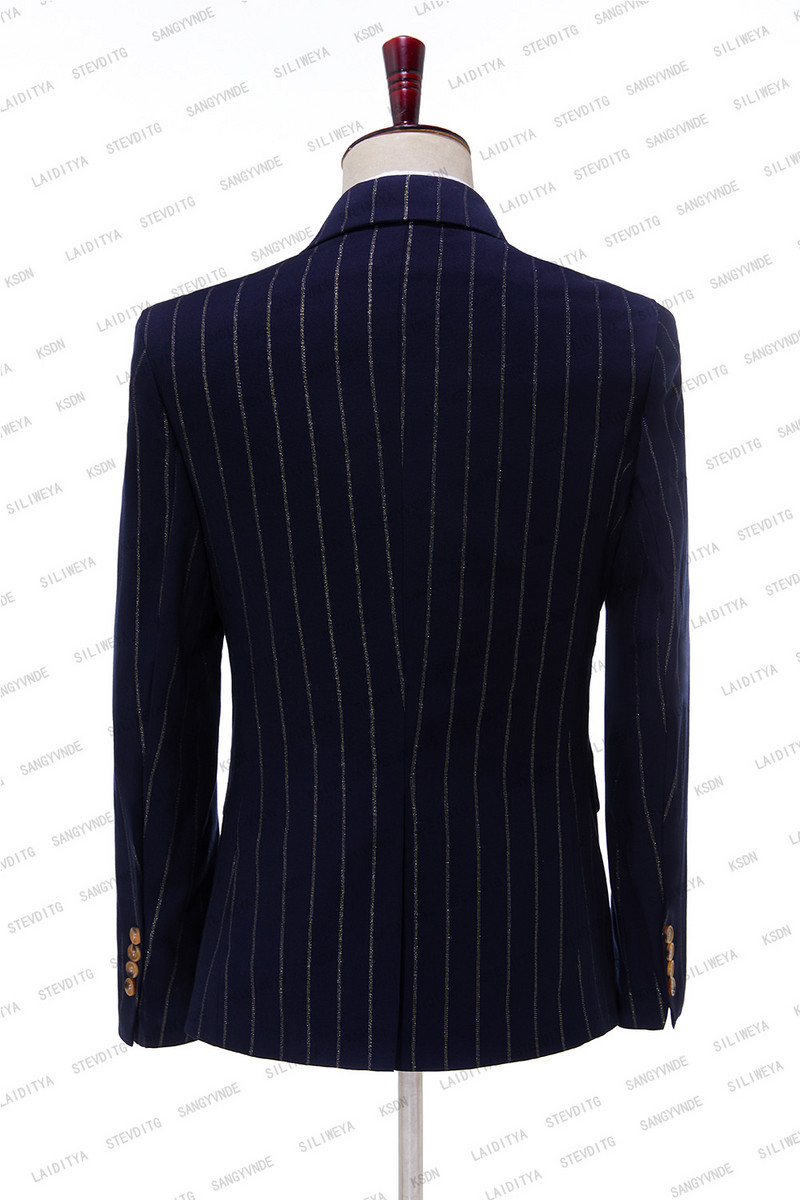 Sötétkék, függőleges csíkos férfi öltönyök, kétsoros, 2023-as legújabb tervezésű vőlegény esküvői szmokingok, 2 darabos kosztüm