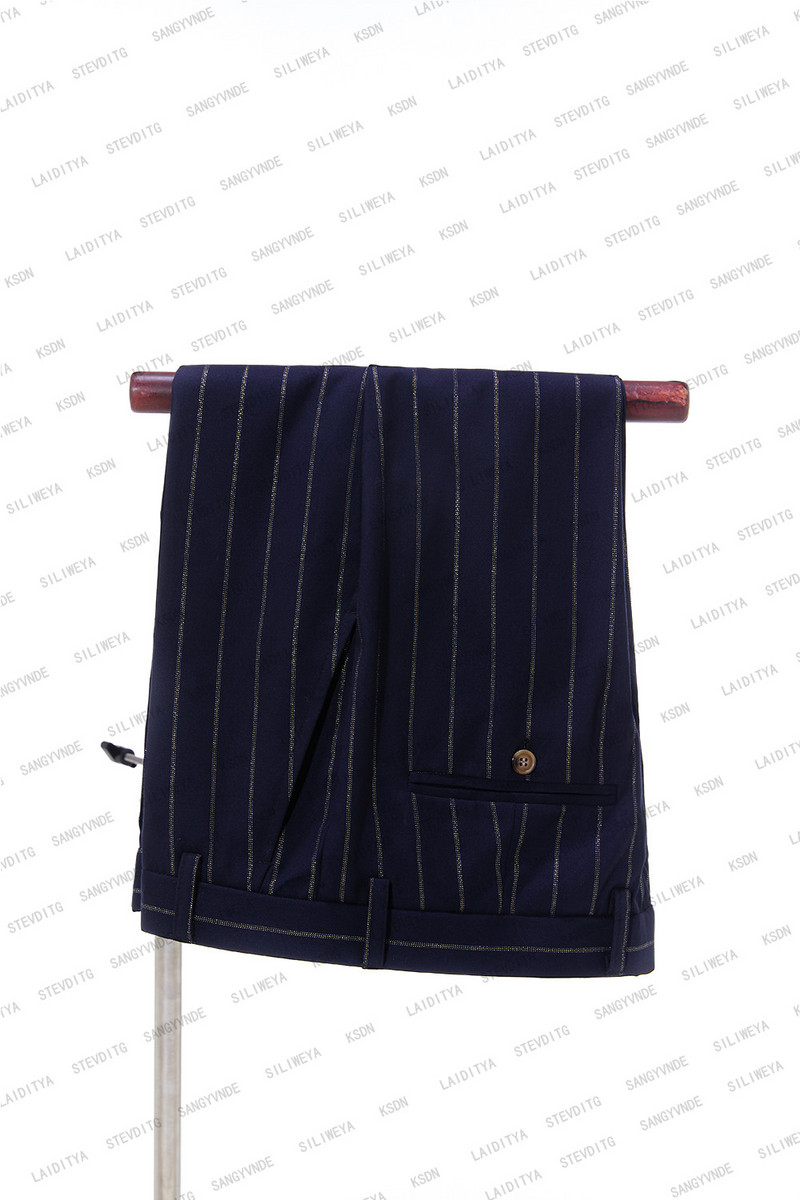 Sötétkék, függőleges csíkos férfi öltönyök, kétsoros, 2023-as legújabb tervezésű vőlegény esküvői szmokingok, 2 darabos kosztüm