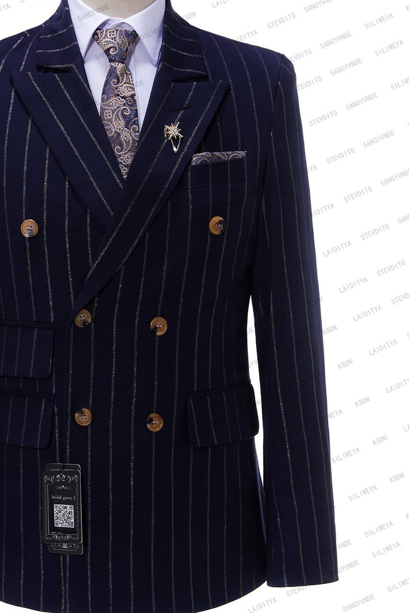 Sötétkék, függőleges csíkos férfi öltönyök, kétsoros, 2023-as legújabb tervezésű vőlegény esküvői szmokingok, 2 darabos kosztüm