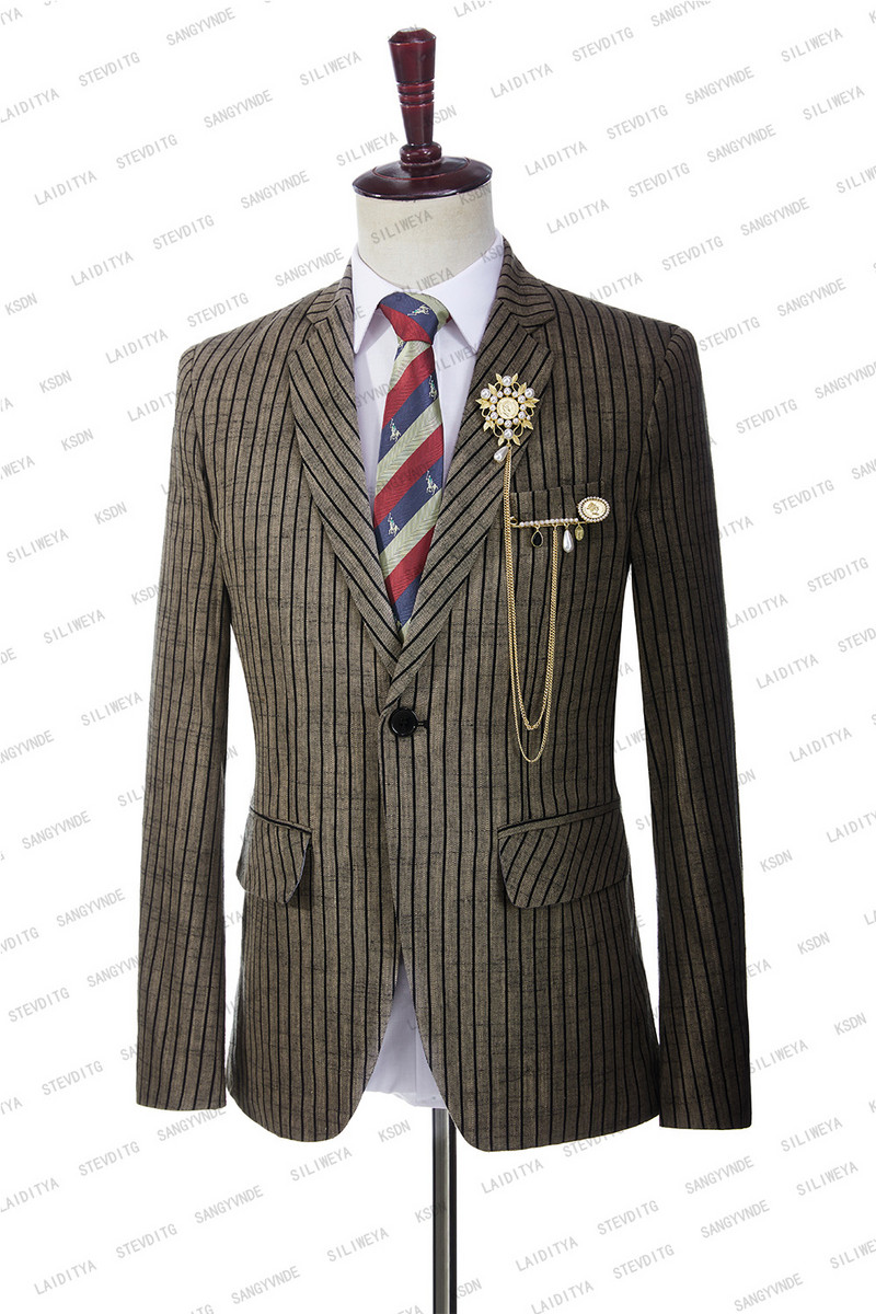 2023-as új divat férfi öltönyök nyári kosztüm Mariage Homme világos vászon fekete csíkos szmoking vőlegény esküvői 2 részes készlet kabát nadrág