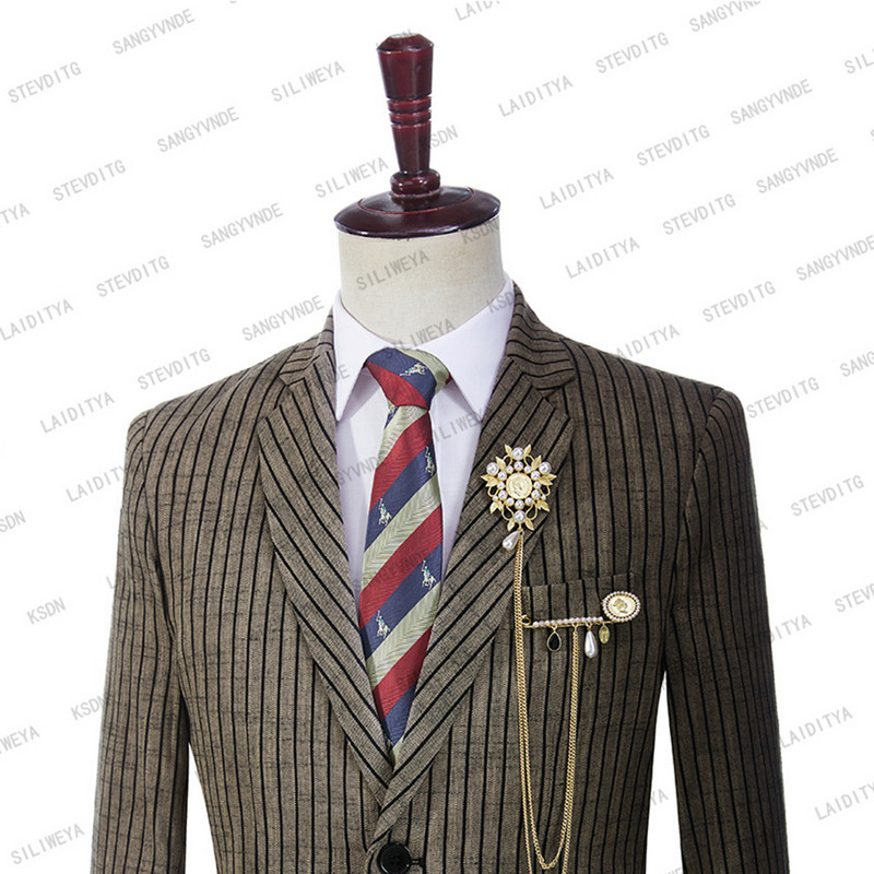 2023-as új divat férfi öltönyök nyári kosztüm Mariage Homme világos vászon fekete csíkos szmoking vőlegény esküvői 2 részes készlet kabát nadrág