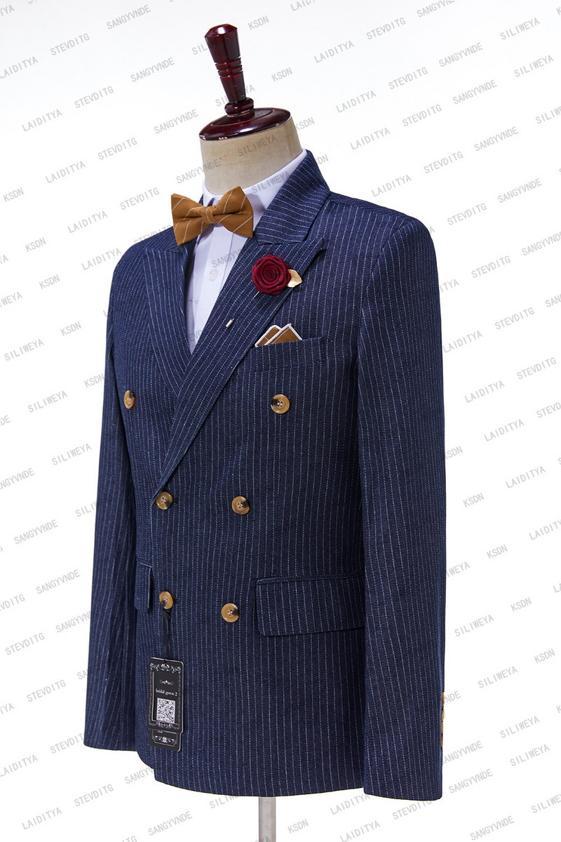 2023-as új érkezés, kék farmer csíkos férfi öltönyök, kétsoros, legújabb tervezésű vőlegény esküvői szmokingok, legjobb jelmez, 2 darab