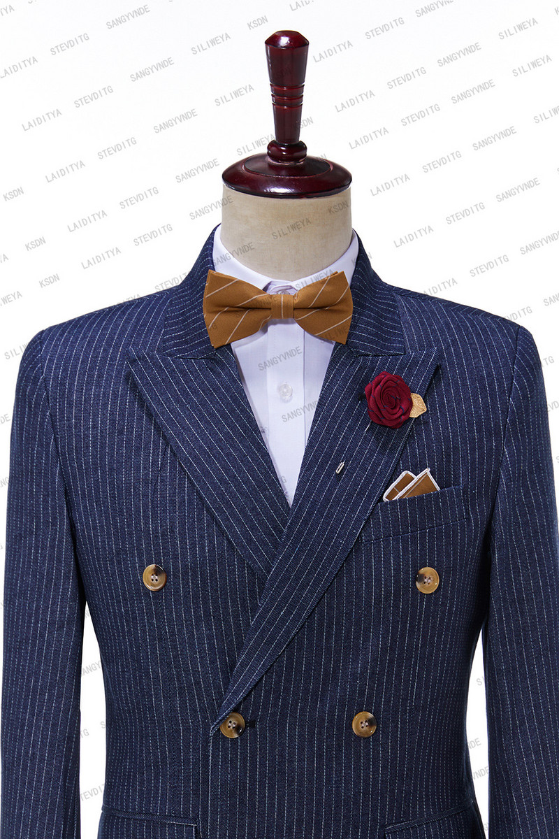 2023-as új érkezés, kék farmer csíkos férfi öltönyök, kétsoros, legújabb tervezésű vőlegény esküvői szmokingok, legjobb jelmez, 2 darab