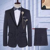 2023 új férfi brit stílusú blézer férfi esküvői sötétszürke betűmintás fekete bársony karcsú öltöny kabát nadrág 2 db szett