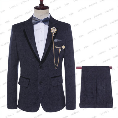 2023 új férfi brit stílusú blézer férfi esküvői sötétszürke betűmintás fekete bársony karcsú öltöny kabát nadrág 2 db szett