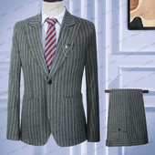 2023 Jóképű szürke vászon fehér csíkos férfi öltönyök üzleti nyári szmoking party karcsú, 2 db szett kabát nadrág Terno Masculino