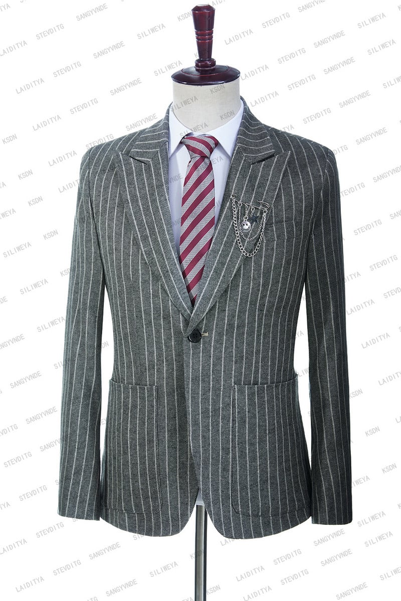 2023 Jóképű szürke vászon fehér csíkos férfi öltönyök üzleti nyári szmoking party karcsú, 2 db szett kabát nadrág Terno Masculino
