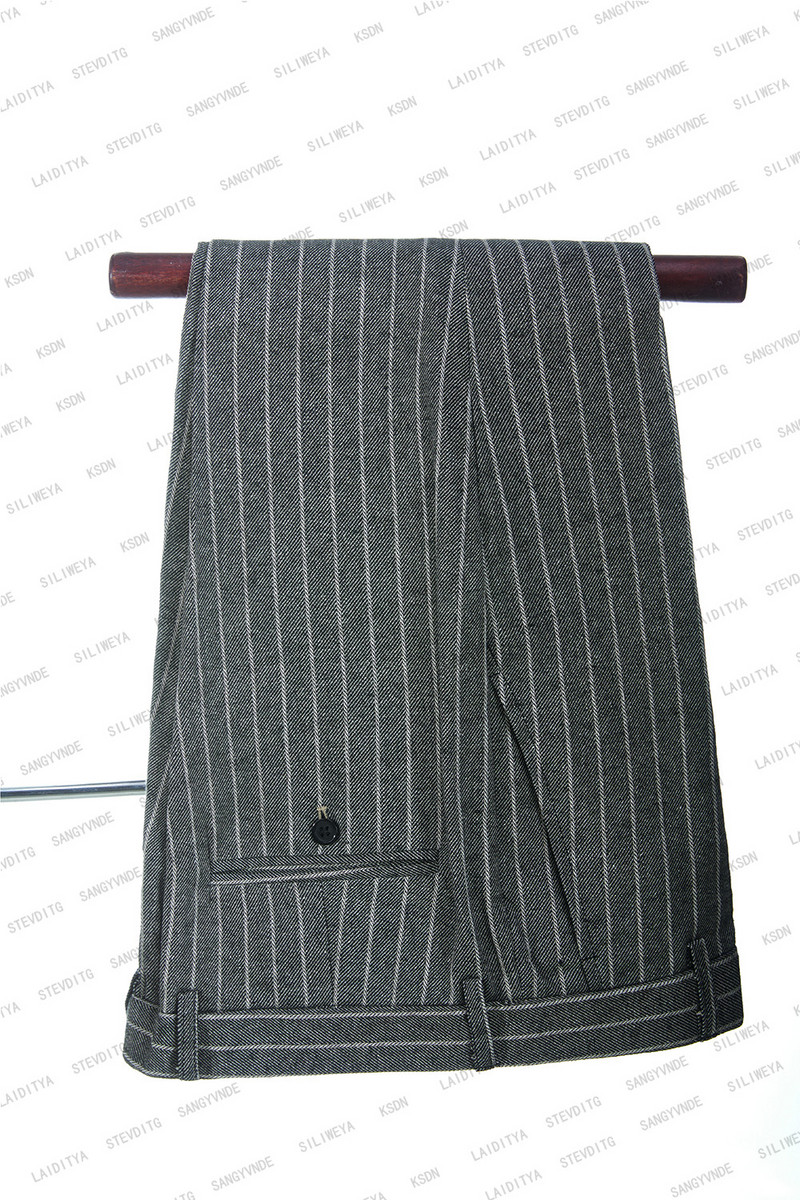 2023 Jóképű szürke vászon fehér csíkos férfi öltönyök üzleti nyári szmoking party karcsú, 2 db szett kabát nadrág Terno Masculino