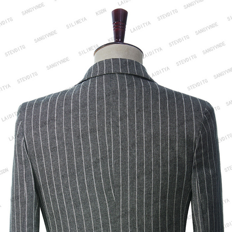 2023 Jóképű szürke vászon fehér csíkos férfi öltönyök üzleti nyári szmoking party karcsú, 2 db szett kabát nadrág Terno Masculino