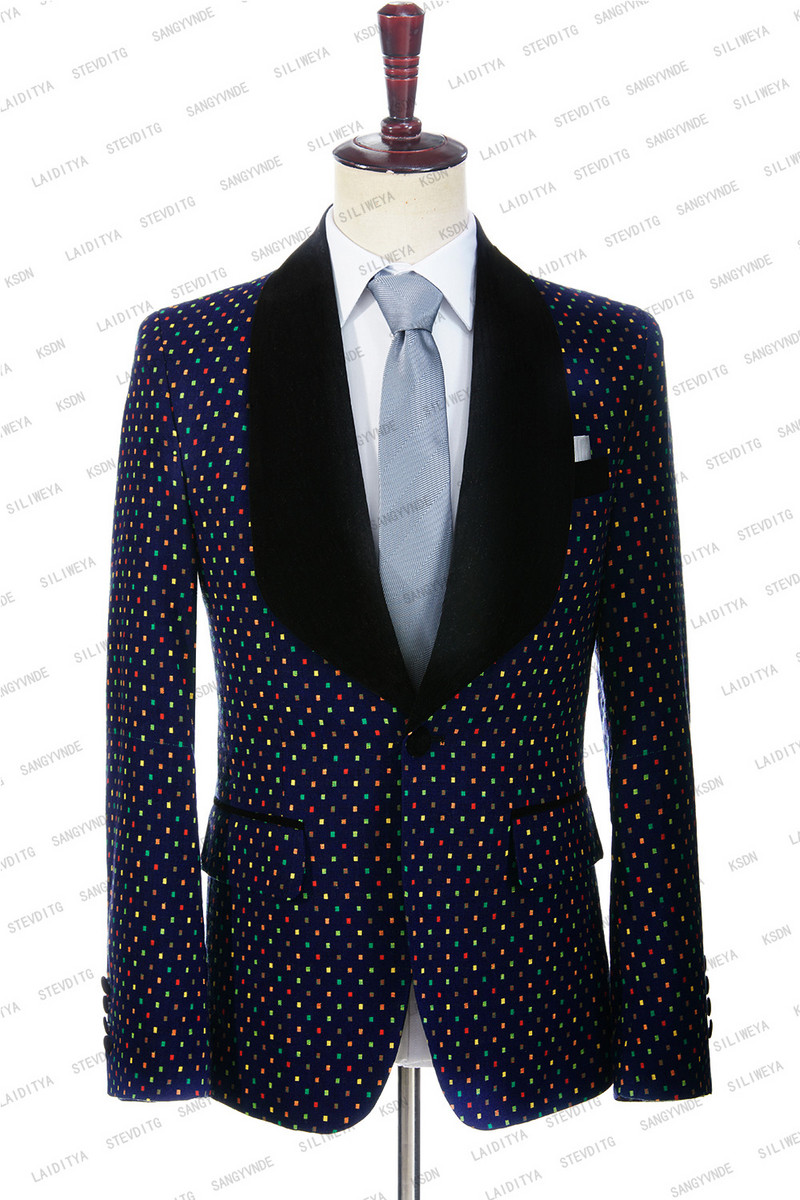 2023-as új divat férfi öltöny karcsú szabású sötétkék vászonfekete hajtóka színes csekk esküvői parti vőlegény szmoking 2 db szett kabát nadrág
