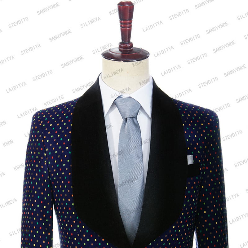 2023-as új divat férfi öltöny karcsú szabású sötétkék vászonfekete hajtóka színes csekk esküvői parti vőlegény szmoking 2 db szett kabát nadrág