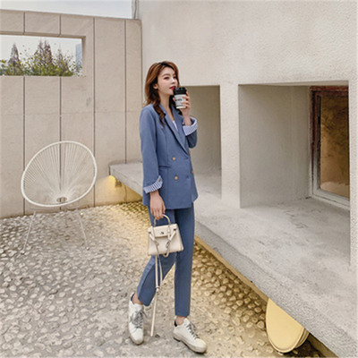 Kiváló minőségű alkalmi szolid női nadrágkosztüm Bevágott gallérral Kétsoros blézerkabát és ceruzanadrág irodai női nadrágkosztüm