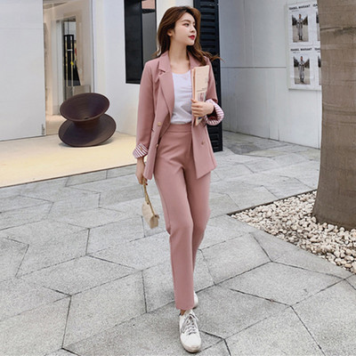 Kiváló minőségű alkalmi szolid női nadrágkosztüm Bevágott gallérral Kétsoros blézerkabát és ceruzanadrág irodai női nadrágkosztüm
