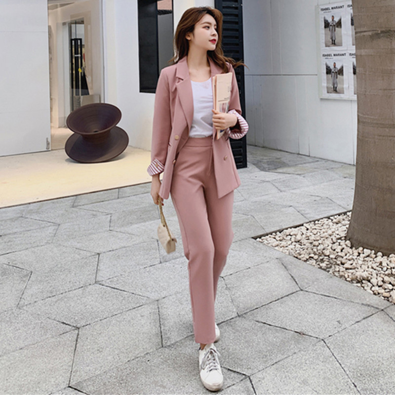 Kiváló minőségű alkalmi szolid női nadrágkosztüm Bevágott gallérral Kétsoros blézerkabát és ceruzanadrág irodai női nadrágkosztüm