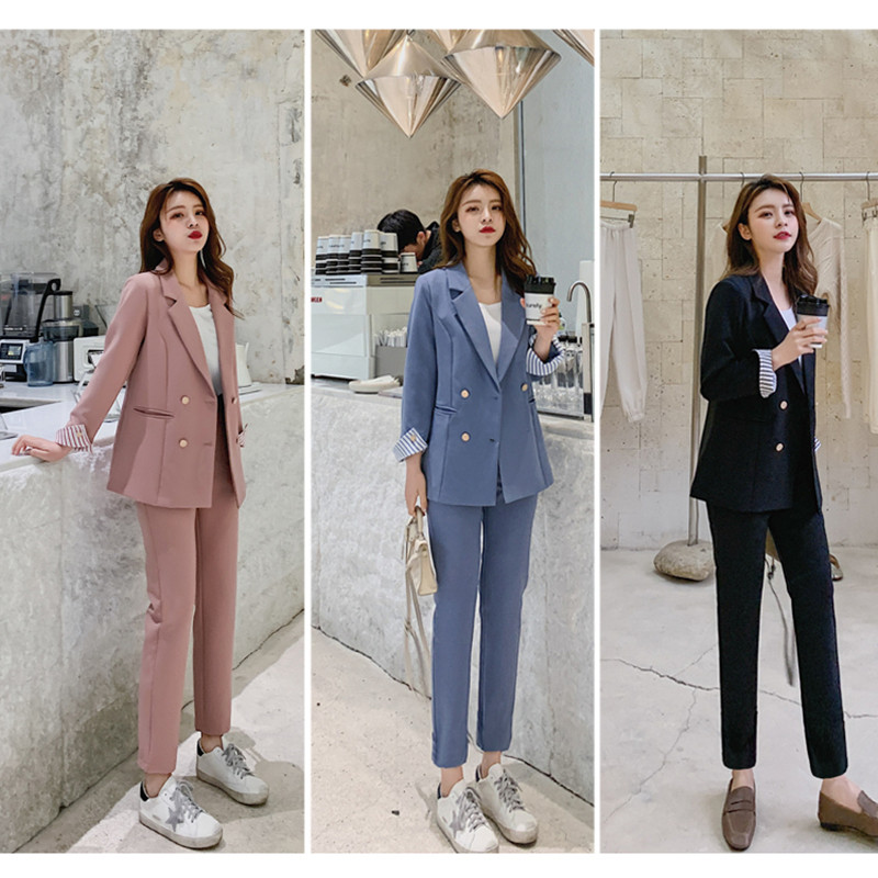 Kiváló minőségű alkalmi szolid női nadrágkosztüm Bevágott gallérral Kétsoros blézerkabát és ceruzanadrág irodai női nadrágkosztüm
