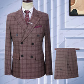 2023-as divat férfi vászon Alkalmi üzleti duplasoros bor vörös fehér kockás nyári esküvői öltönyök 2 db szett kabát nadrág