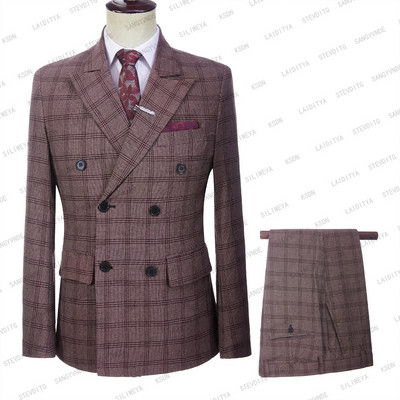 2023-as divat férfi vászon Alkalmi üzleti duplasoros bor vörös fehér kockás nyári esküvői öltönyök 2 db szett kabát nadrág