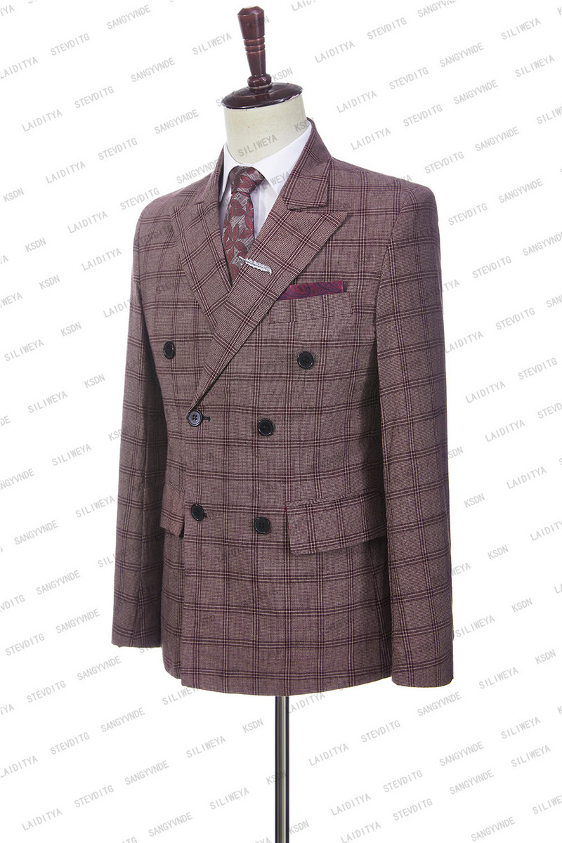 2023-as divat férfi vászon Alkalmi üzleti duplasoros bor vörös fehér kockás nyári esküvői öltönyök 2 db szett kabát nadrág