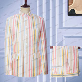 2023-as divat Új férfi nyári alkalmi lenvászon öltönyök Szürke fehér függőleges csíkos üzleti ruha Esküvői vőlegény 2 db szett kabát nadrág