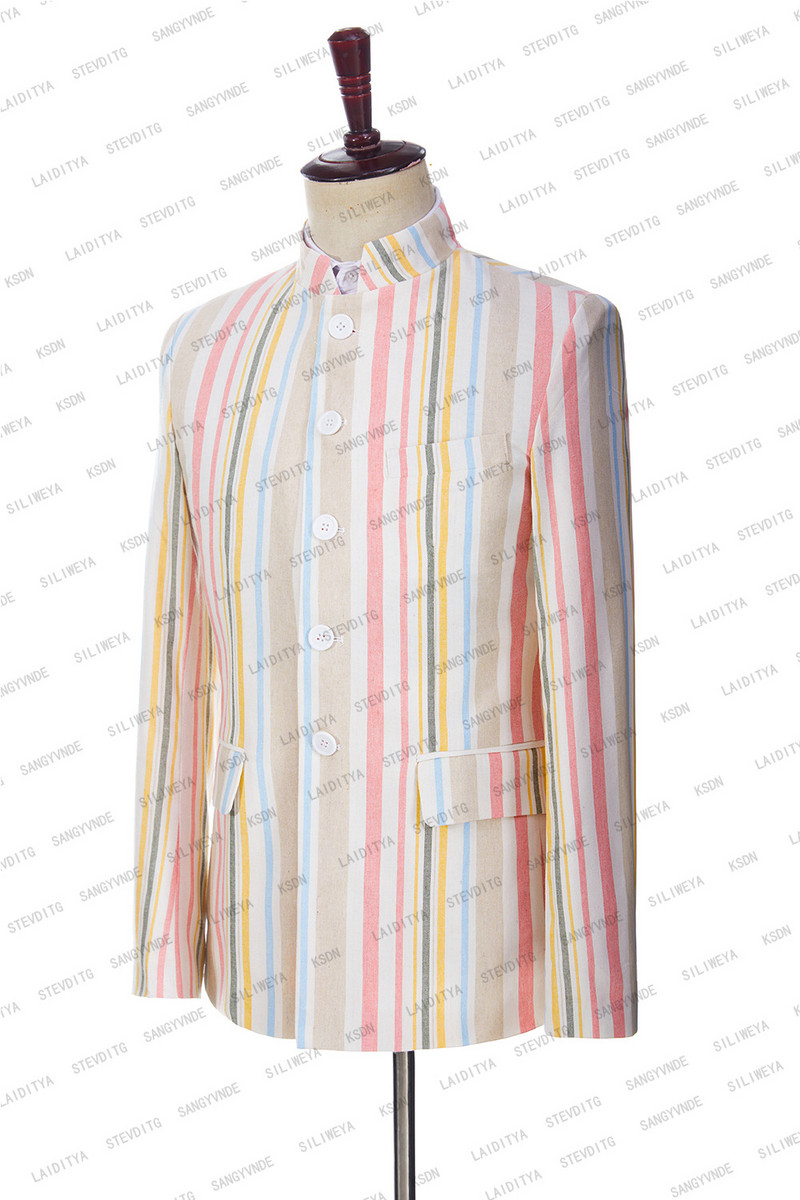 2023-as divat Új férfi nyári alkalmi lenvászon öltönyök Szürke fehér függőleges csíkos üzleti ruha Esküvői vőlegény 2 db szett kabát nadrág