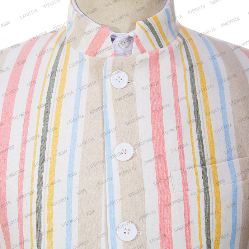 2023-as divat Új férfi nyári alkalmi lenvászon öltönyök Szürke fehér függőleges csíkos üzleti ruha Esküvői vőlegény 2 db szett kabát nadrág