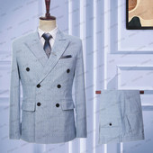 2023-as új nyári férfi kék vászon öltönyök, fehér kockás, kétsoros, vékony szabású, alkalmi szmoking esküvőre, 2 db-os szett (kabát+nadrág)