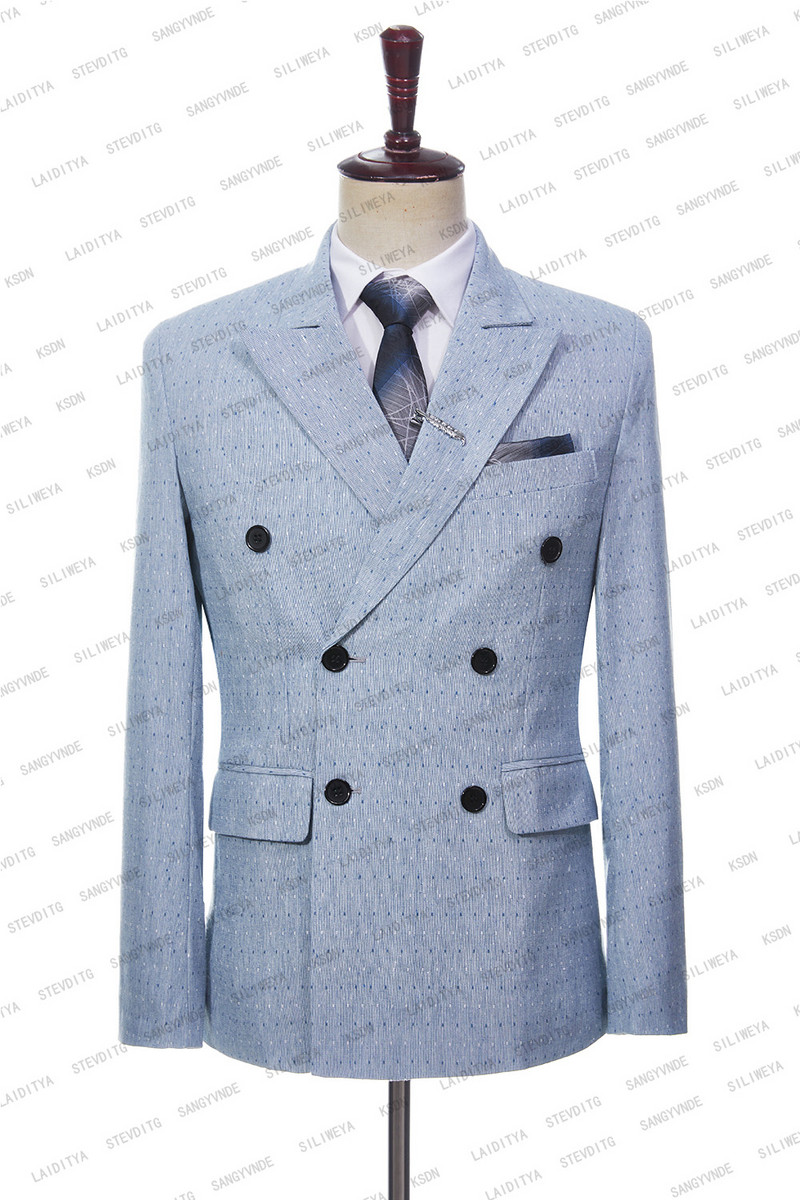 2023-as új nyári férfi kék vászon öltönyök, fehér kockás, kétsoros, vékony szabású, alkalmi szmoking esküvőre, 2 db-os szett (kabát+nadrág)