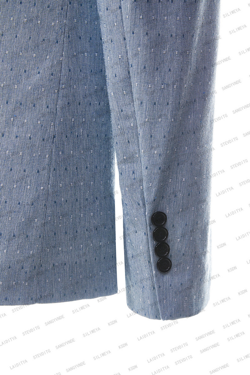 2023-as új nyári férfi kék vászon öltönyök, fehér kockás, kétsoros, vékony szabású, alkalmi szmoking esküvőre, 2 db-os szett (kabát+nadrág)