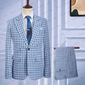 2023-as új nyári férfi alkalmi lenvászon öltönyök brit stílusú karcsú szabású kék Reto klasszikus kockás esküvői szmoking 2 db-os szett (kabát+nadrág)