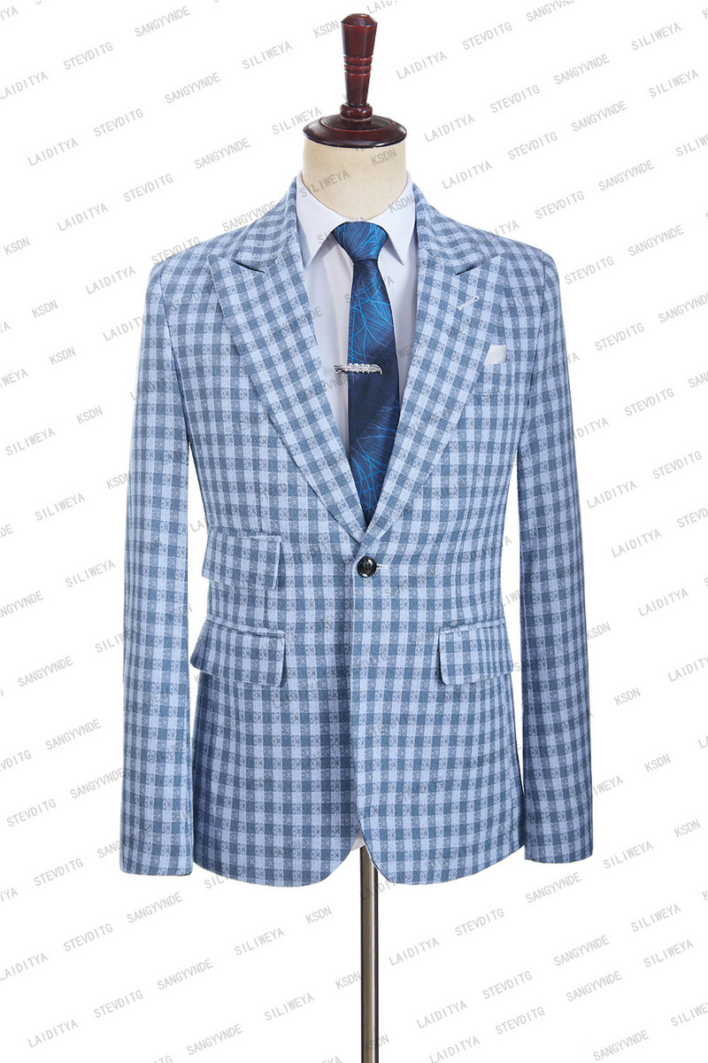 2023-as új nyári férfi alkalmi lenvászon öltönyök brit stílusú karcsú szabású kék Reto klasszikus kockás esküvői szmoking 2 db-os szett (kabát+nadrág)