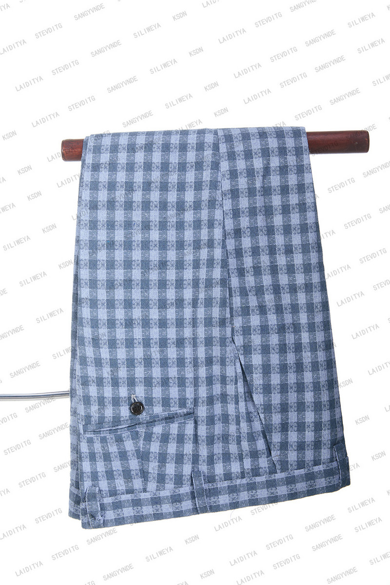 2023-as új nyári férfi alkalmi lenvászon öltönyök brit stílusú karcsú szabású kék Reto klasszikus kockás esküvői szmoking 2 db-os szett (kabát+nadrág)