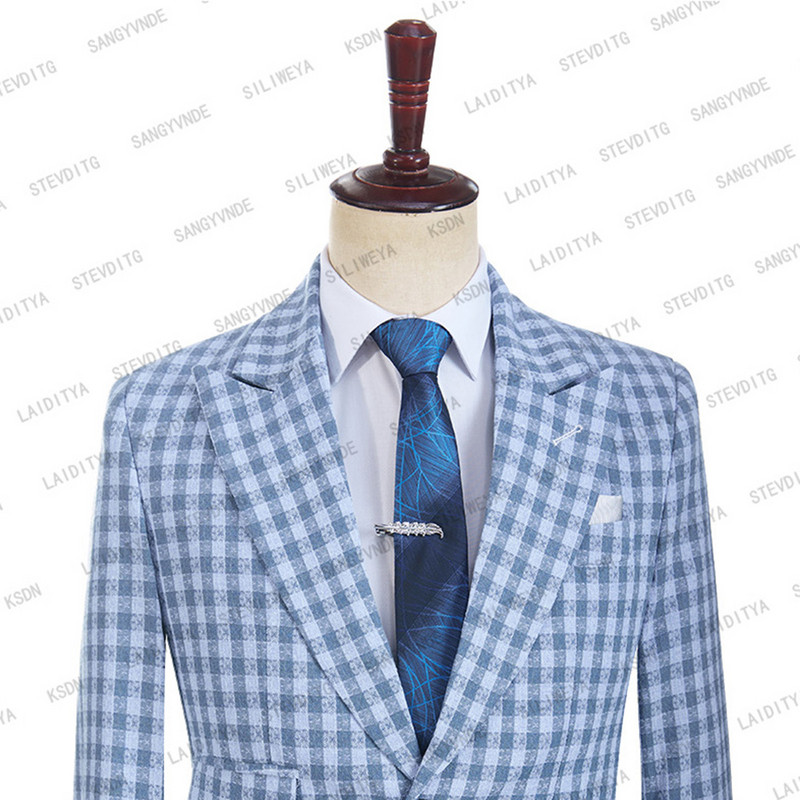 2023-as új nyári férfi alkalmi lenvászon öltönyök brit stílusú karcsú szabású kék Reto klasszikus kockás esküvői szmoking 2 db-os szett (kabát+nadrág)