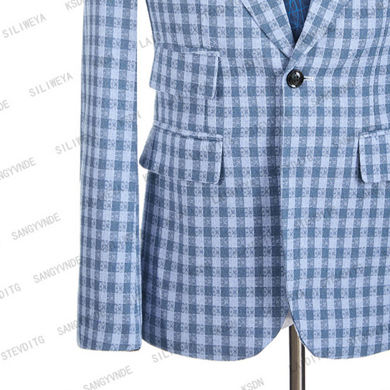 2023-as új nyári férfi alkalmi lenvászon öltönyök brit stílusú karcsú szabású kék Reto klasszikus kockás esküvői szmoking 2 db-os szett (kabát+nadrág)