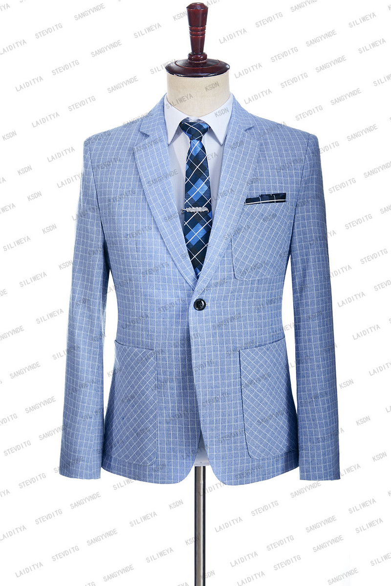 2023-as új divat férfi öltönyök nyári jelmez Homme kék fehér klasszikus kockás vászon szmoking vőlegény esküvői 2 részes szett kabát nadrág