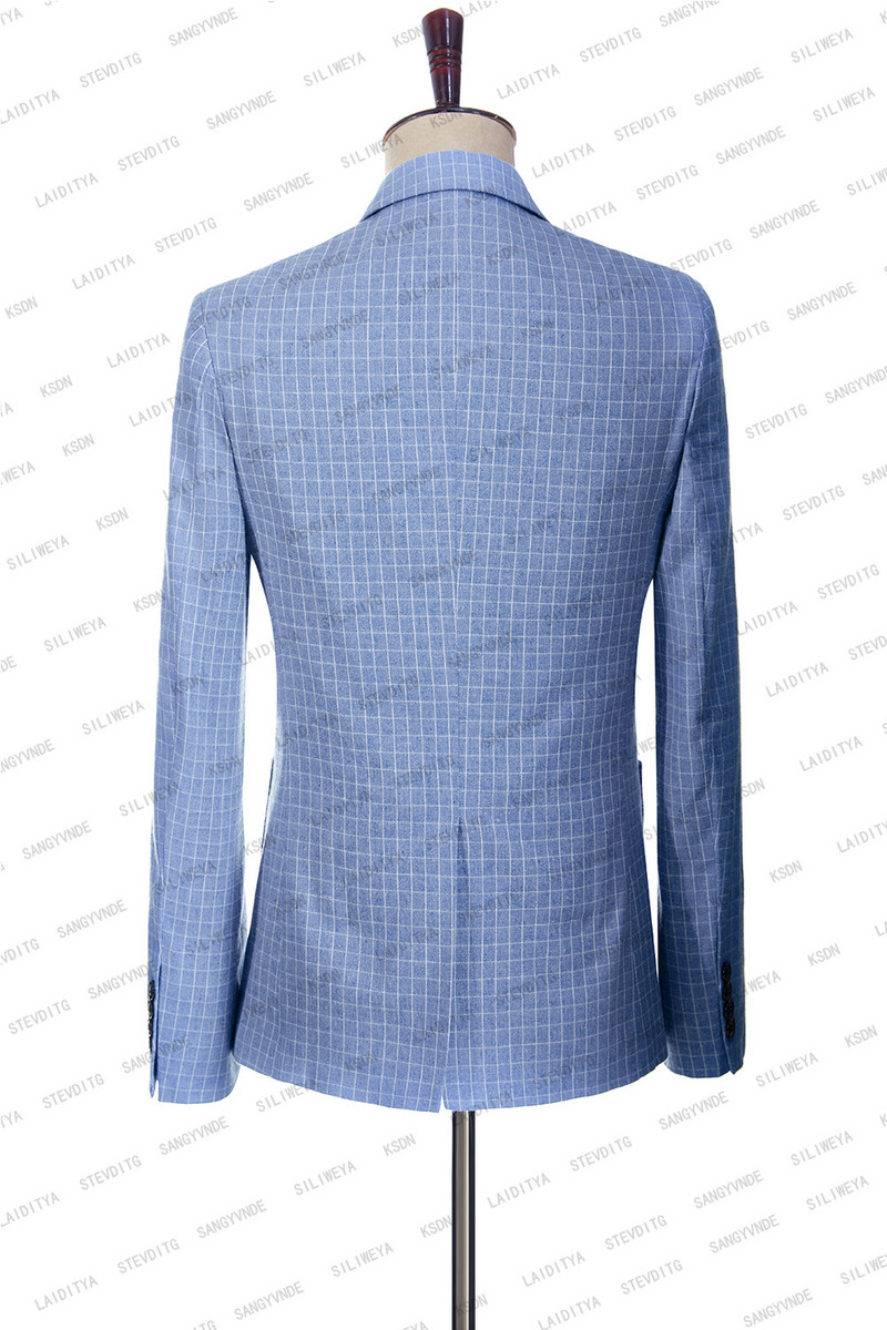 2023-as új divat férfi öltönyök nyári jelmez Homme kék fehér klasszikus kockás vászon szmoking vőlegény esküvői 2 részes szett kabát nadrág