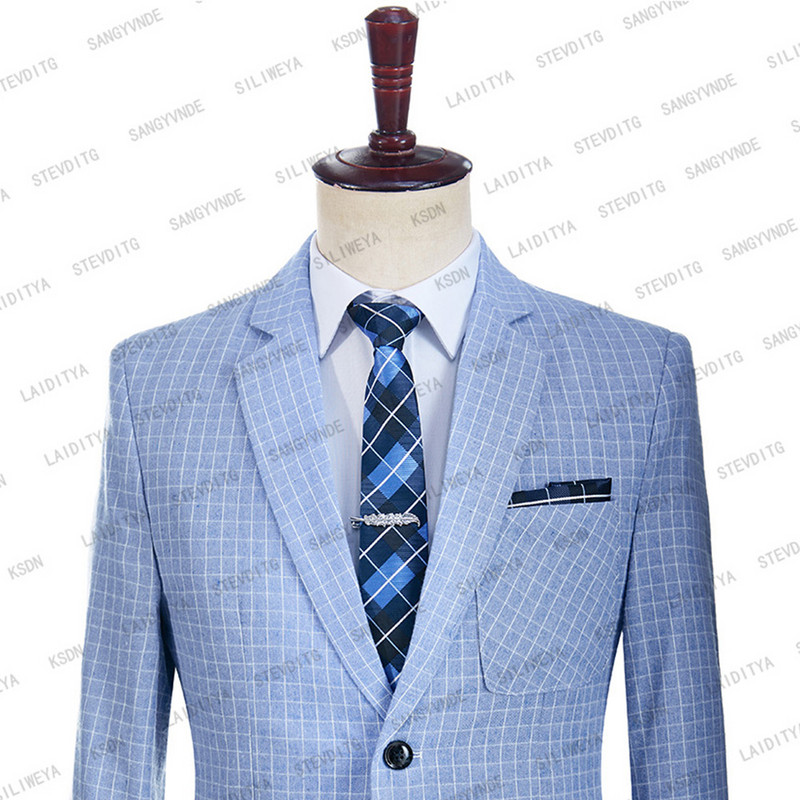 2023-as új divat férfi öltönyök nyári jelmez Homme kék fehér klasszikus kockás vászon szmoking vőlegény esküvői 2 részes szett kabát nadrág