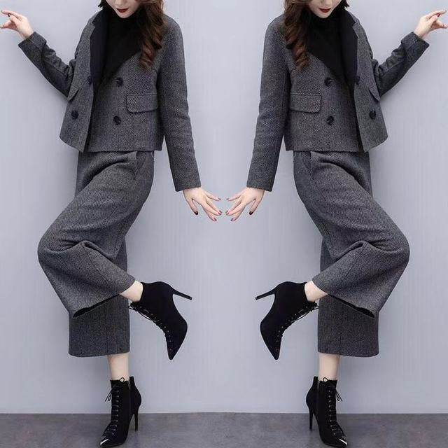 2022. őszi tél, magas derekú, széles szárú nadrágok, női öltönyök, 2 részes szett gyapjú tweed vintage elegáns blézer dzseki + nadrág ruhák