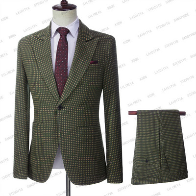 2023 Férfi brit stílusú üzleti alkalmi zöld lenvászon sárga piros pöttyös divat úriember karcsú öltönyök 2 db szett kabát nadrág