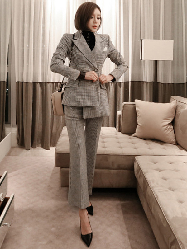Divatos koreai 2 részes ruha öltönyök női temperamentum formális vintage kockás aszimmetrikus kabát blézer öltöny nadrág nadrág vékony szettek