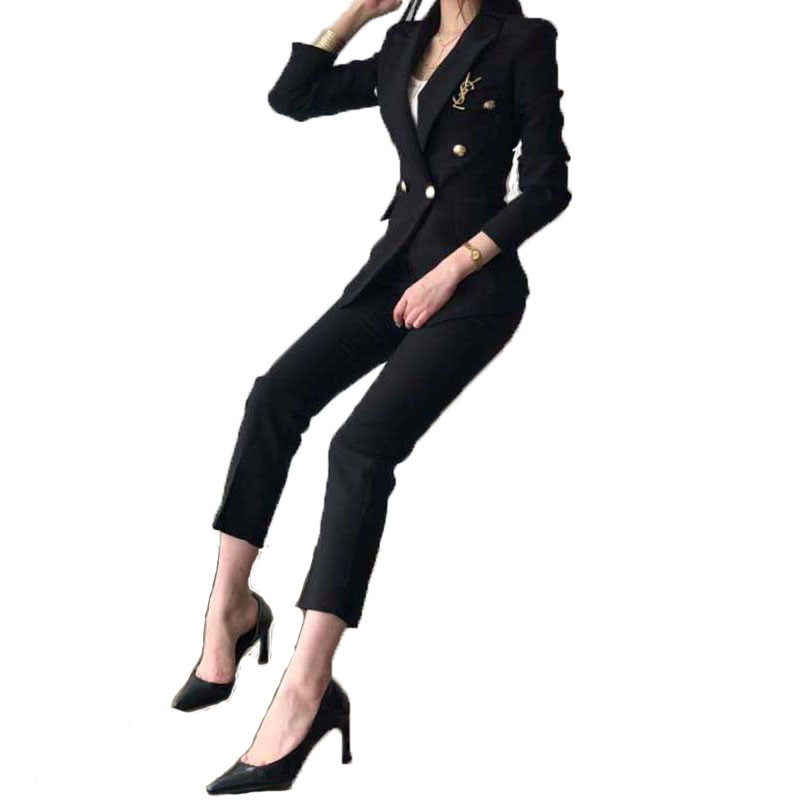 Tavaszi és őszi új fekete öltöny női minőségi önművelés temperamentum divat kilenc nadrág két garnitúra blézer szett