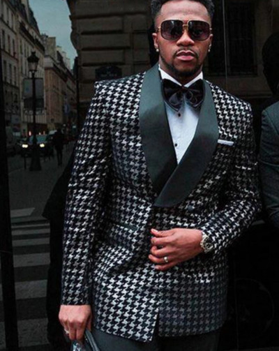 Kétsoros kockás afrikai férfi öltönyök kendő hajtóka 2 részes fekete kopófogú esküvői szmoking férfi divat dzseki
