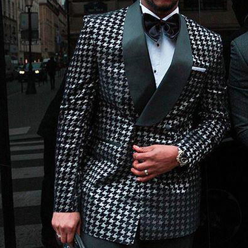 Kétsoros kockás afrikai férfi öltönyök kendő hajtóka 2 részes fekete kopófogú esküvői szmoking férfi divat dzseki