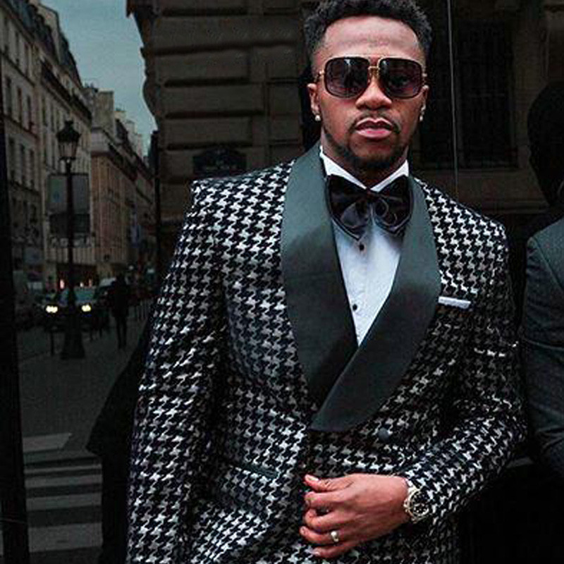 Kétsoros kockás afrikai férfi öltönyök kendő hajtóka 2 részes fekete kopófogú esküvői szmoking férfi divat dzseki
